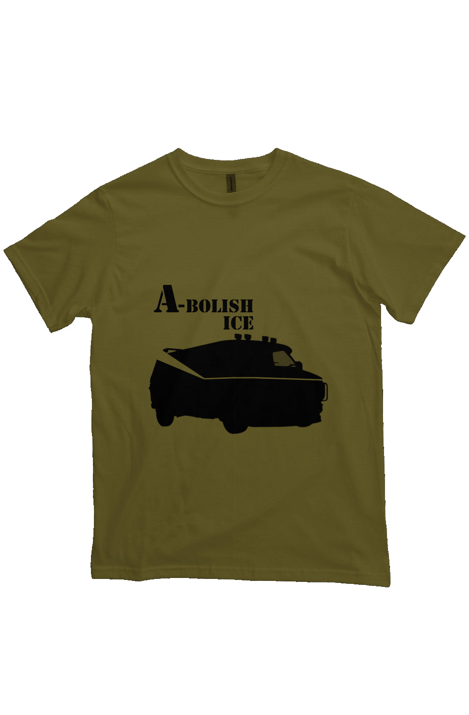 Olive green t-shirt featuring a black stencil-style van with a red stripe, parodying the A-Team vehicle. Above the van, bold black text reads “A-BOLISH ICE” in a military stencil font, referencing immigration abolition in a satirical, retro style.